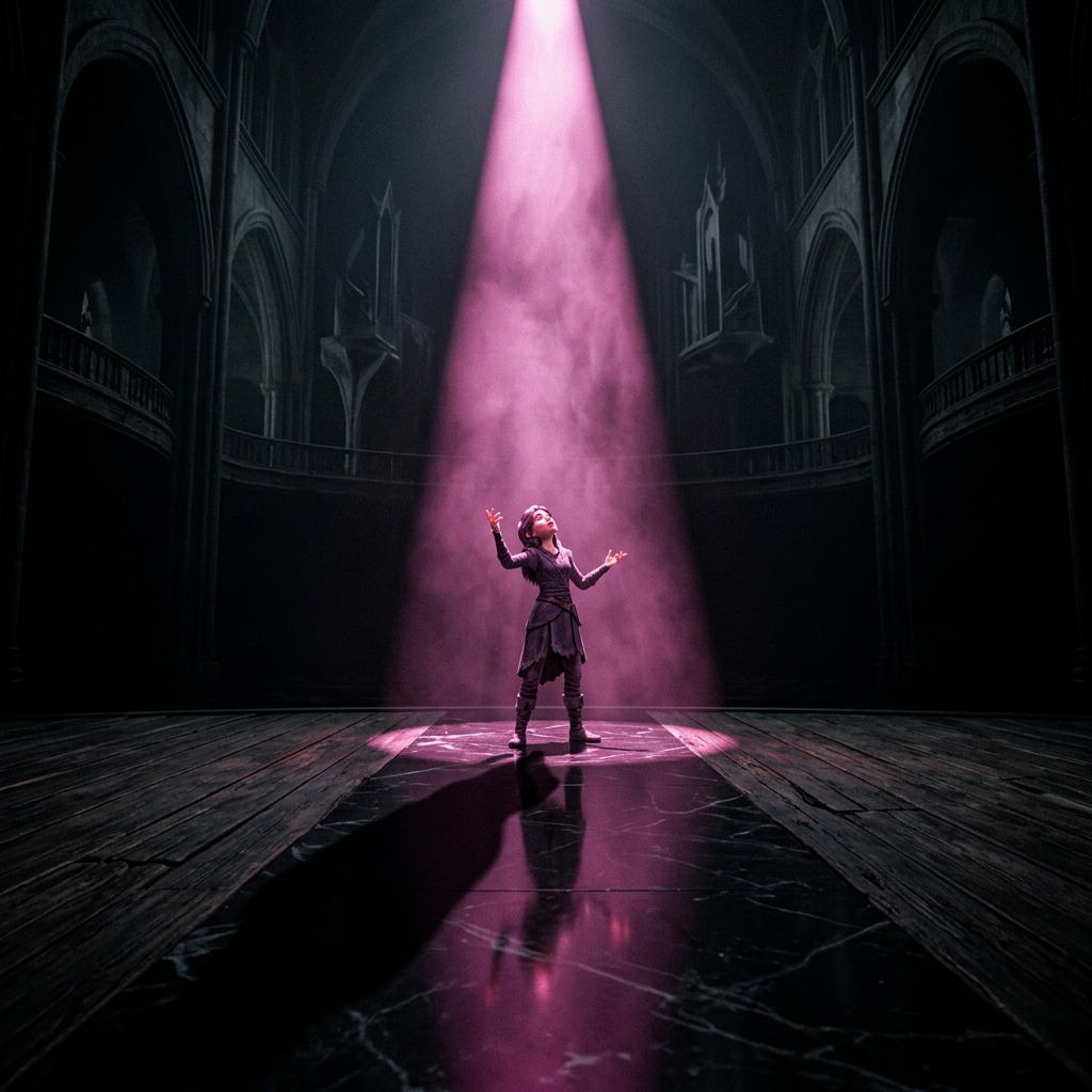 A magenta spotlight on an empty stage