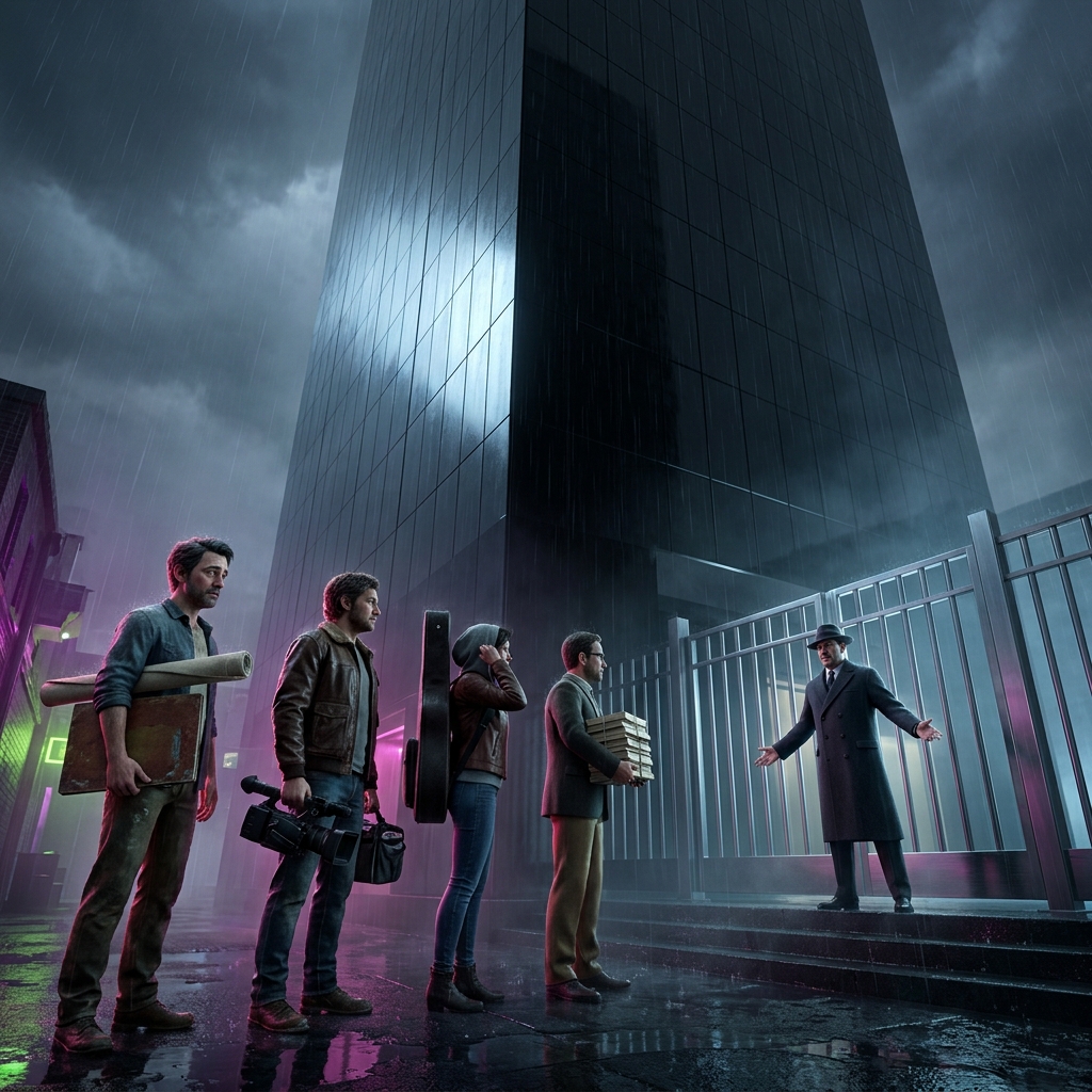 Cold corporate towers in darkness